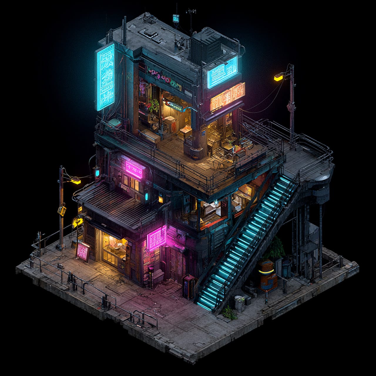 Isometric cyberpunk street-level building with neon signs, dark palette, and glowing colored lights