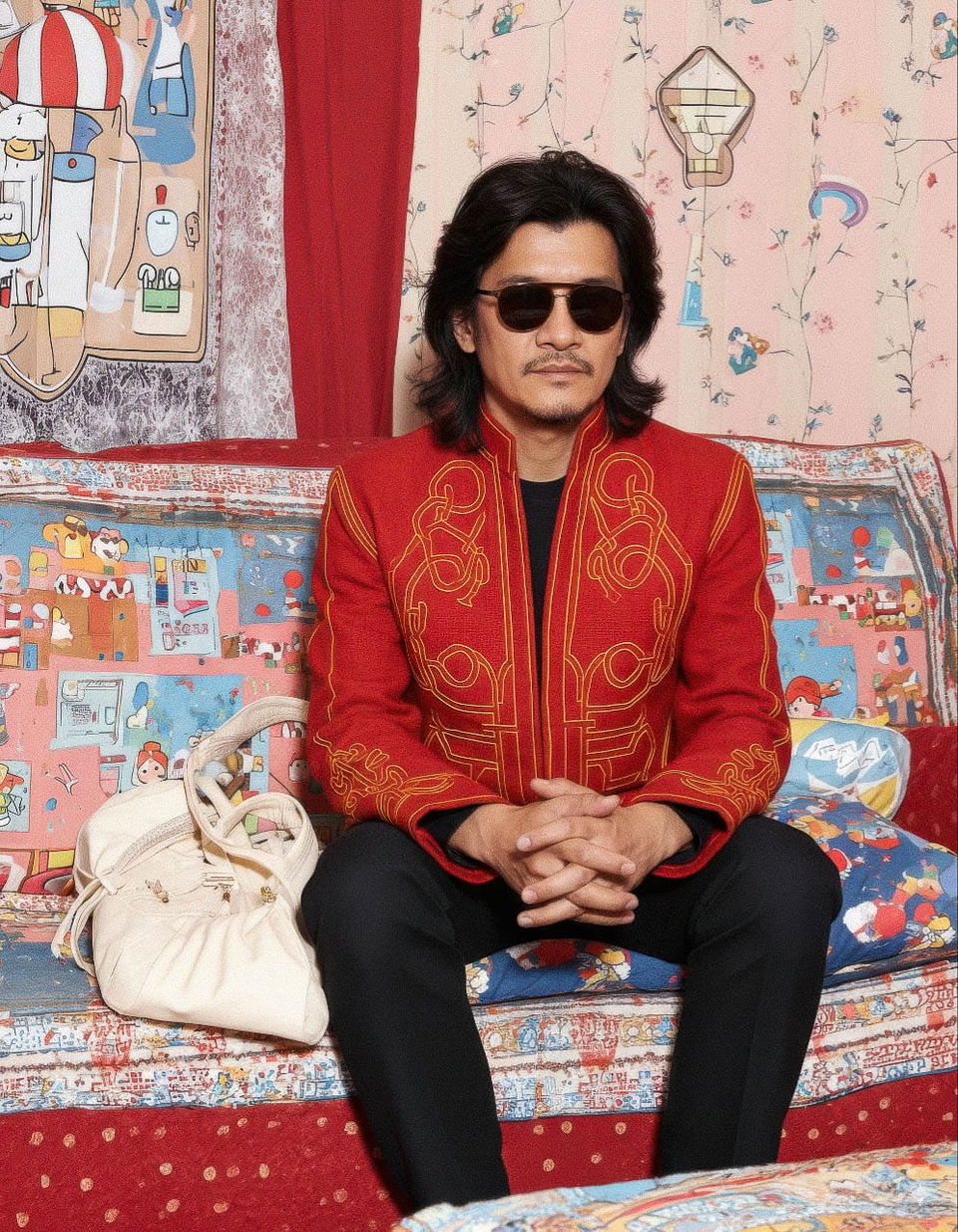 Chinese rockstar idol seated on a patterned sofa, realistic photograph with warm colorful decor