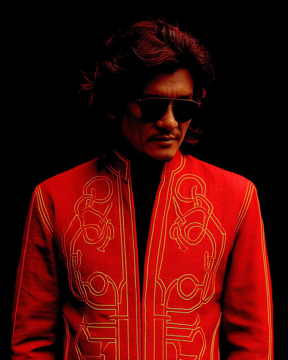 Chinese rock star in sunglasses and a red jacket, dramatic red-lit portrait on black