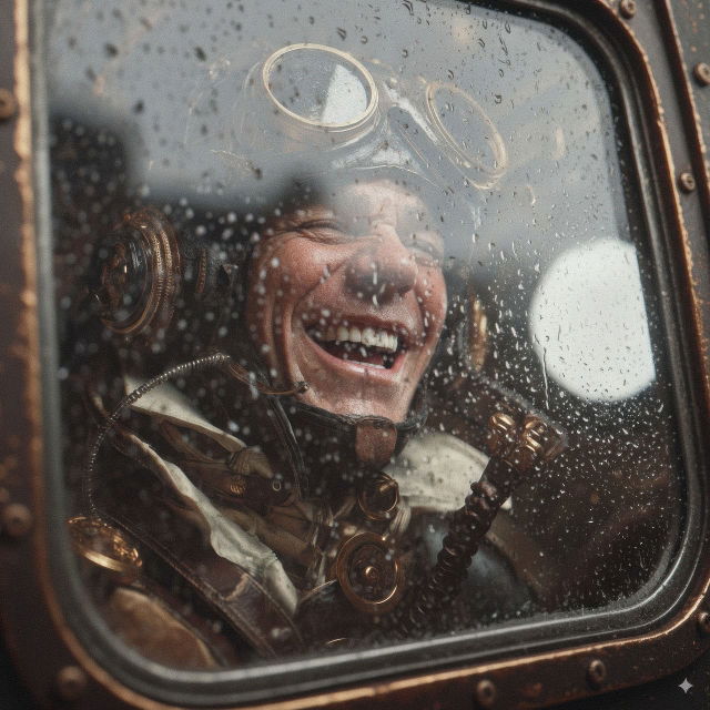 Laughing pilot seen through a rain-speckled cockpit window, cinematic warm-toned photograph