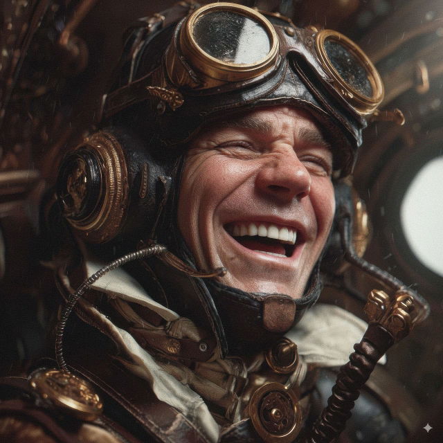 Laughing man in steampunk goggles and gear, rendered in warm, detailed cinematic light