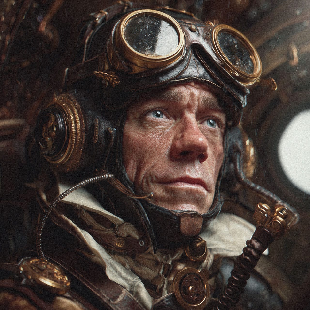 1920s steampunk spaceship pilot in a photorealistic, detailed portrait with warm, dim lighting