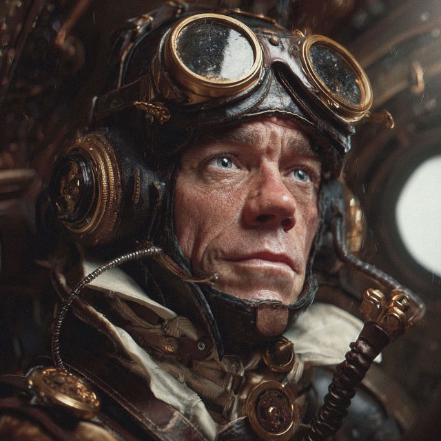 1920s steampunk spaceship pilot in a photorealistic, detailed portrait with warm, dim lighting, figure 67