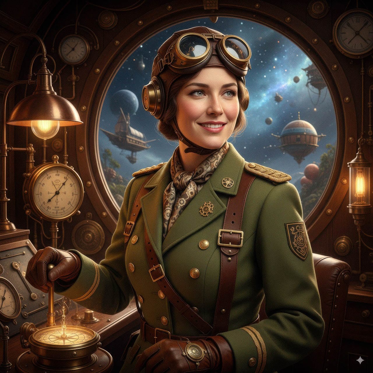 1920s steampunk spaceship pilot in a photorealistic portrait with warm copper lighting