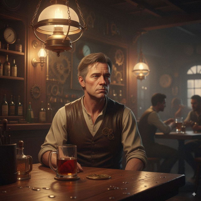 Man sitting at a bar in a dim steampunk setting, warm cinematic lighting and brown tones