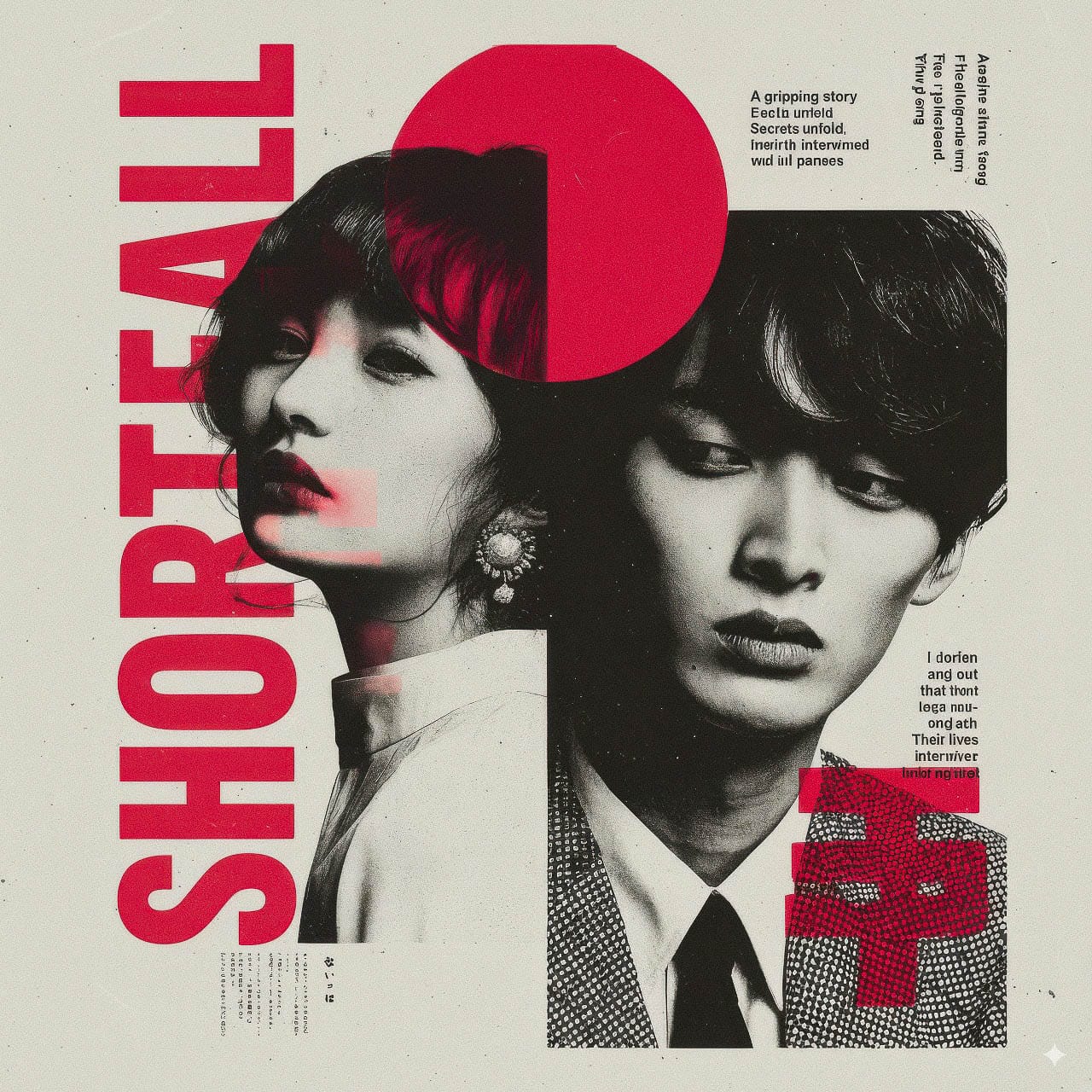 Two fashionably dressed people on a distressed monochrome poster with red type and geometric accents