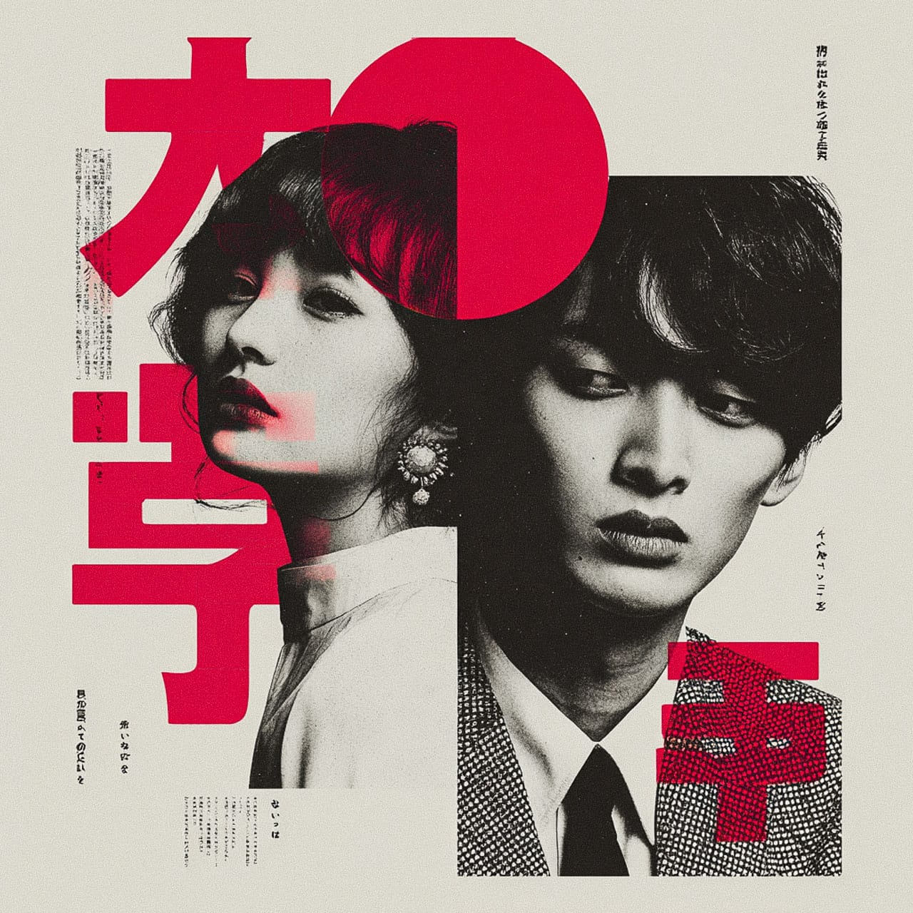 Japanese couple in a bold romance poster with grainy monochrome portraits and vivid red typography