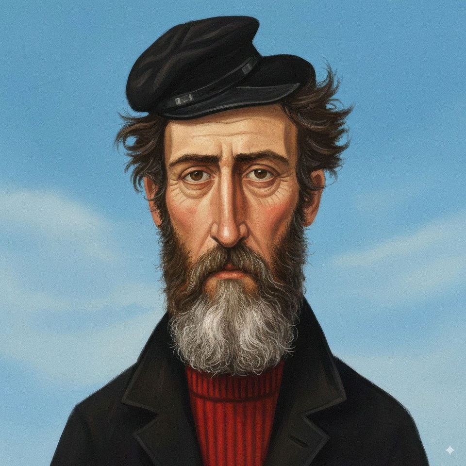 Bearded man in a black hat and coat, rendered as a vivid photorealistic portrait