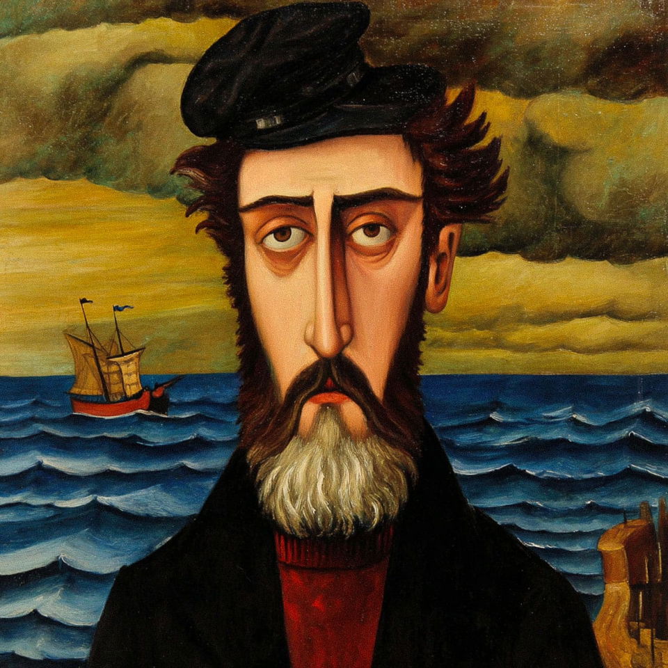 Mysterious sailor with a long beard at sea, in a stylized oil-painted scene with warm muted colors