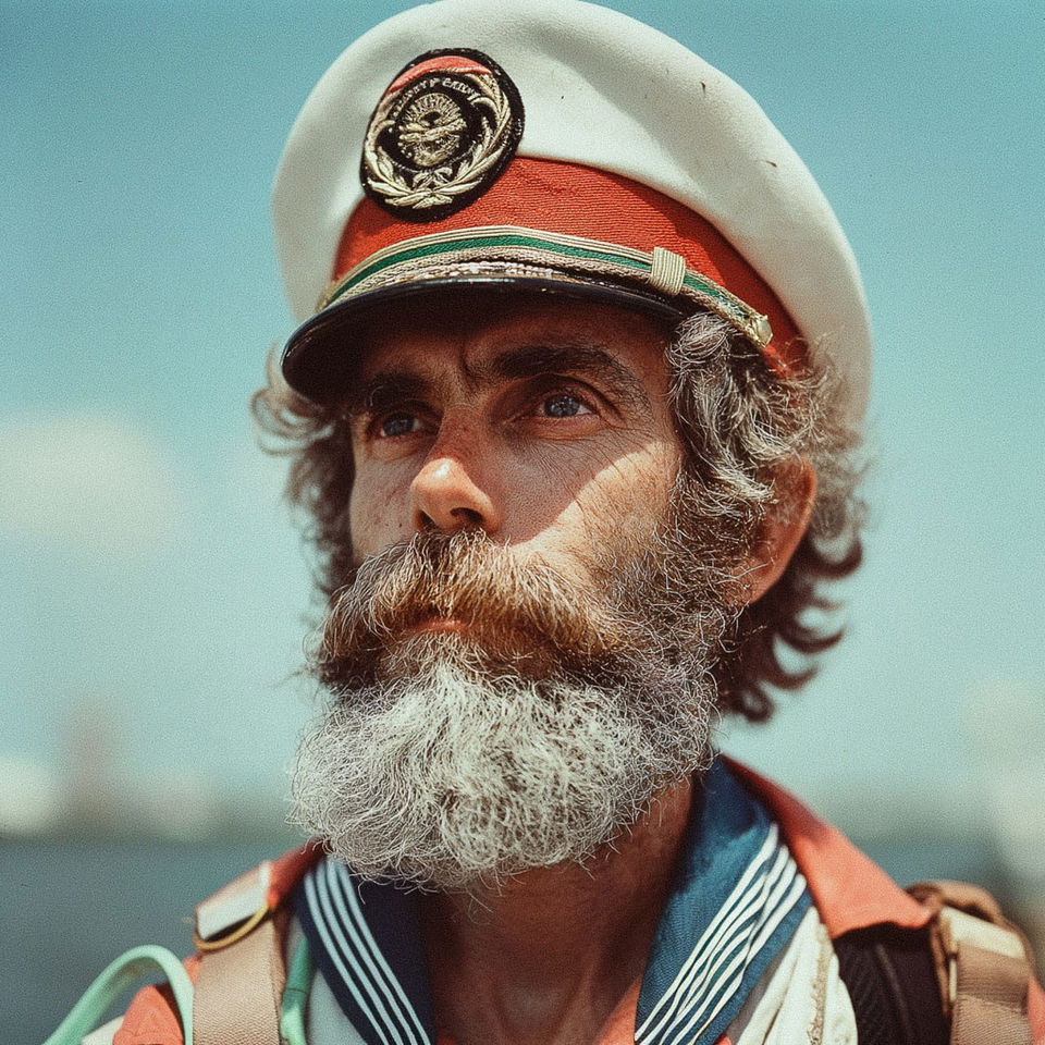 Mysterious sailor in a photographic portrait, sunlit with warm colors and turquoise sky