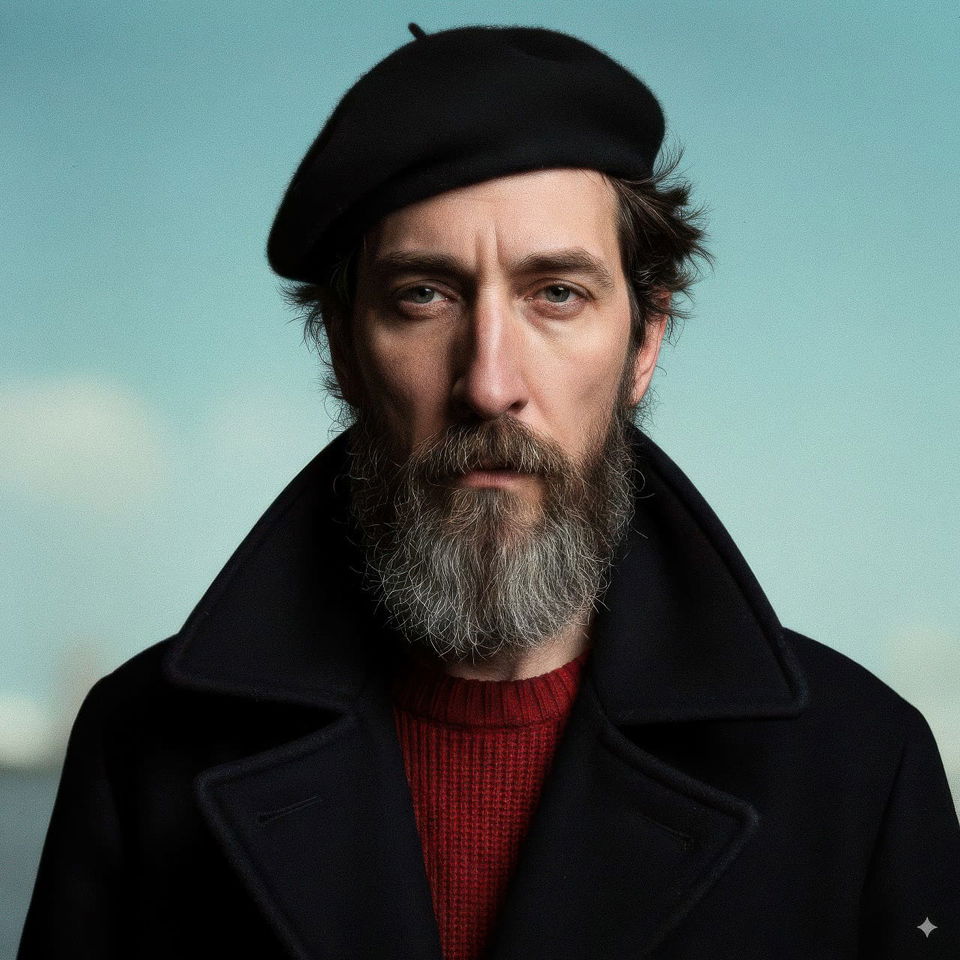 Bearded man in a beret and black coat, realistic portrait with soft turquoise light