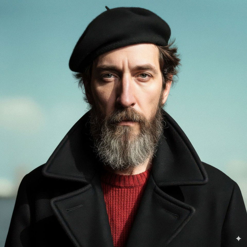 Bearded man in a beret and black coat, portrait photography with bright sunlight and strong shadows