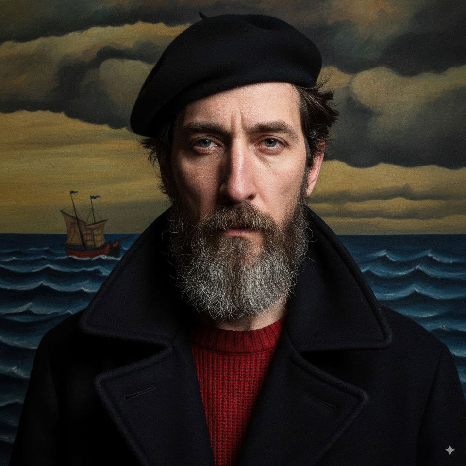Bearded sailor in a beret and coat, photorealistic portrait with moody maritime colors and light
