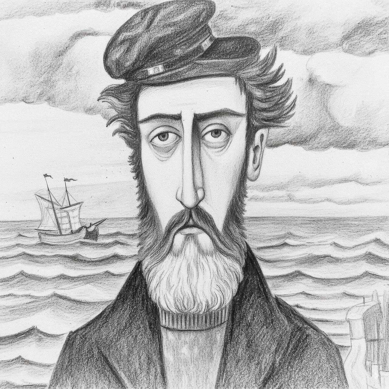 Bearded sailor at sea, rendered as a monochrome pencil sketch on white paper