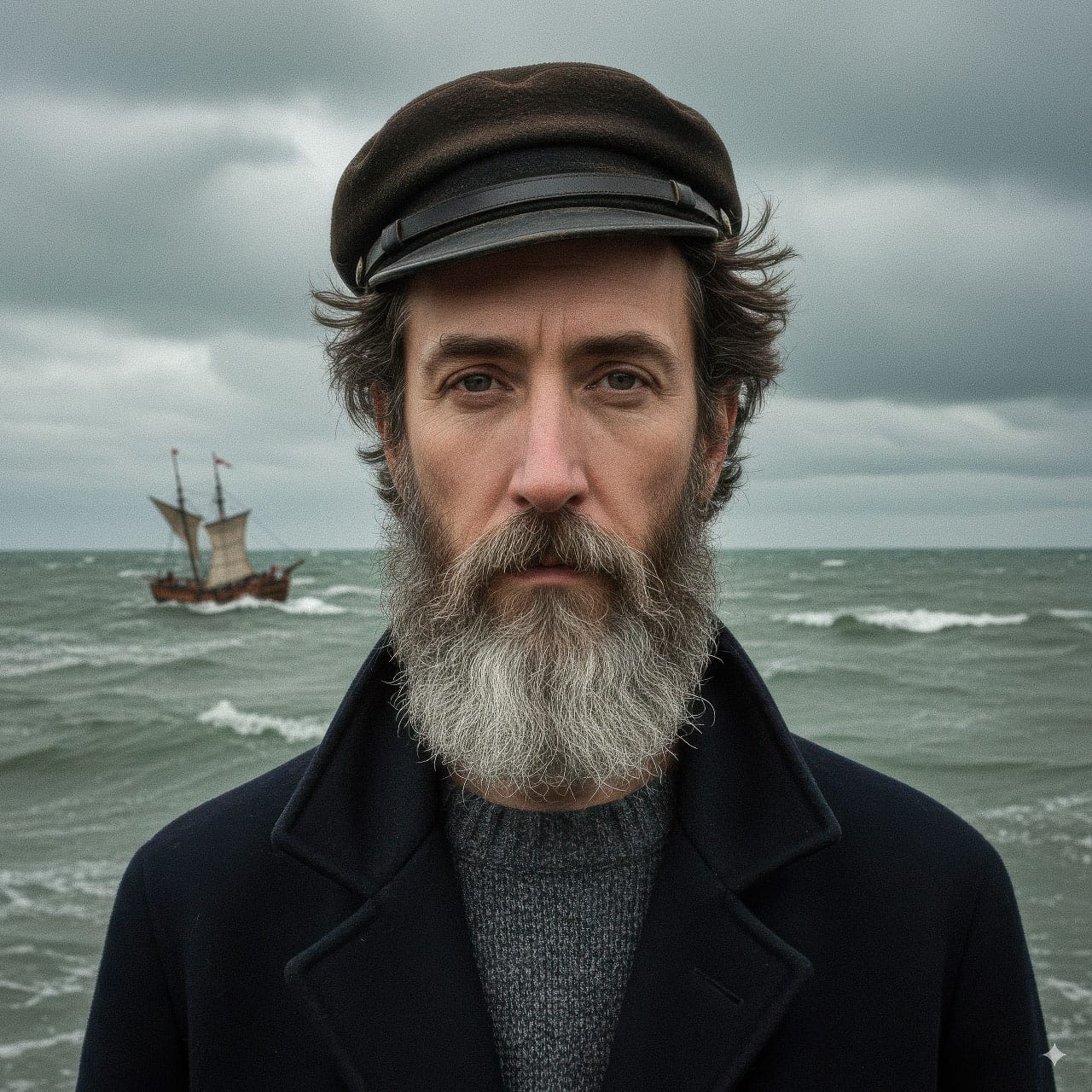 Bearded sailor in a cap by the sea, realistic photography with muted colors and overcast light