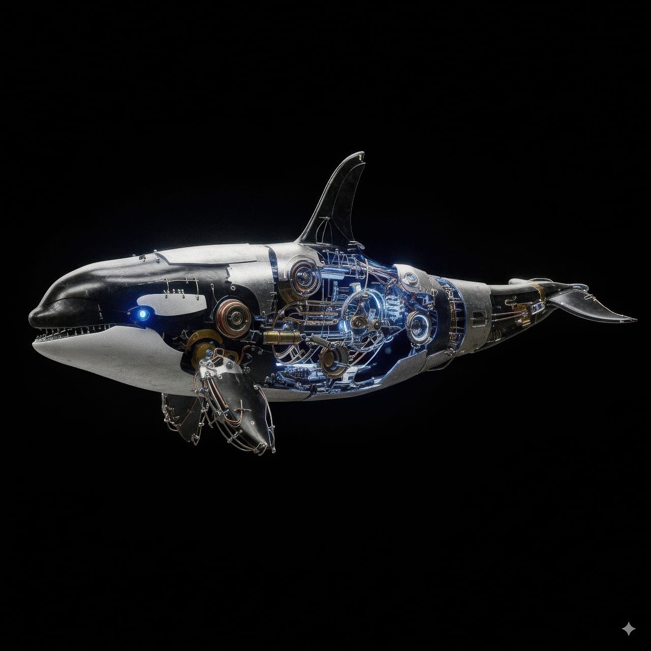 Mechanical orca in detailed 3D, with exposed machinery, metallic tones, blue highlights