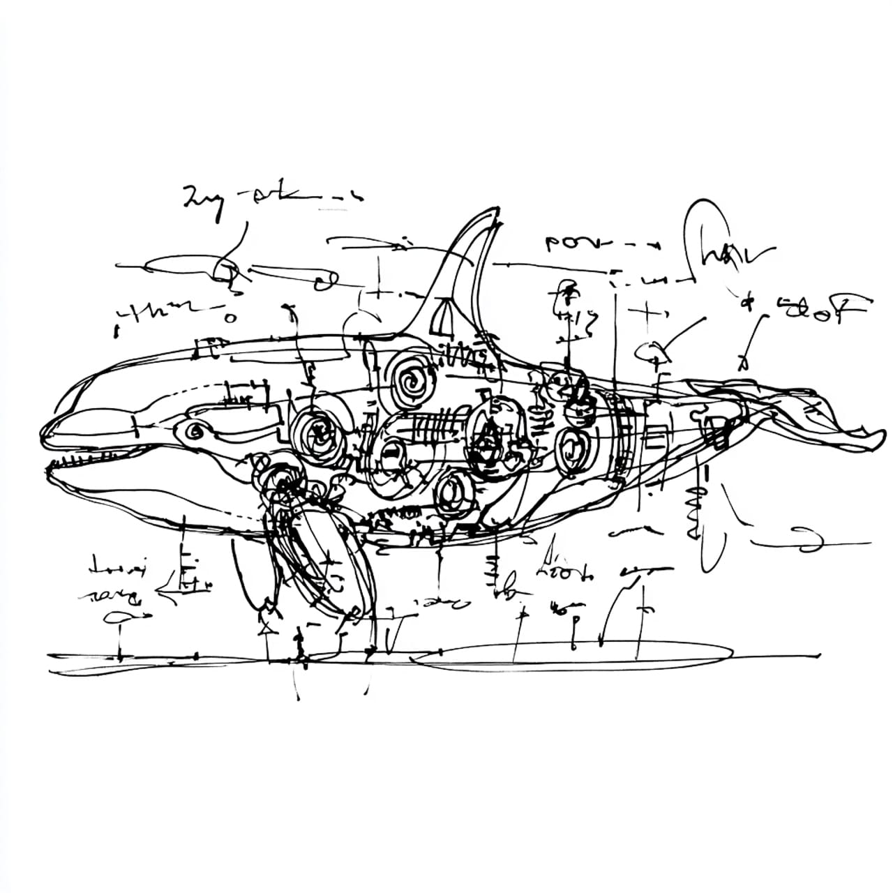 Mechanical metal orca in a technical blueprint drawing with black linework on white