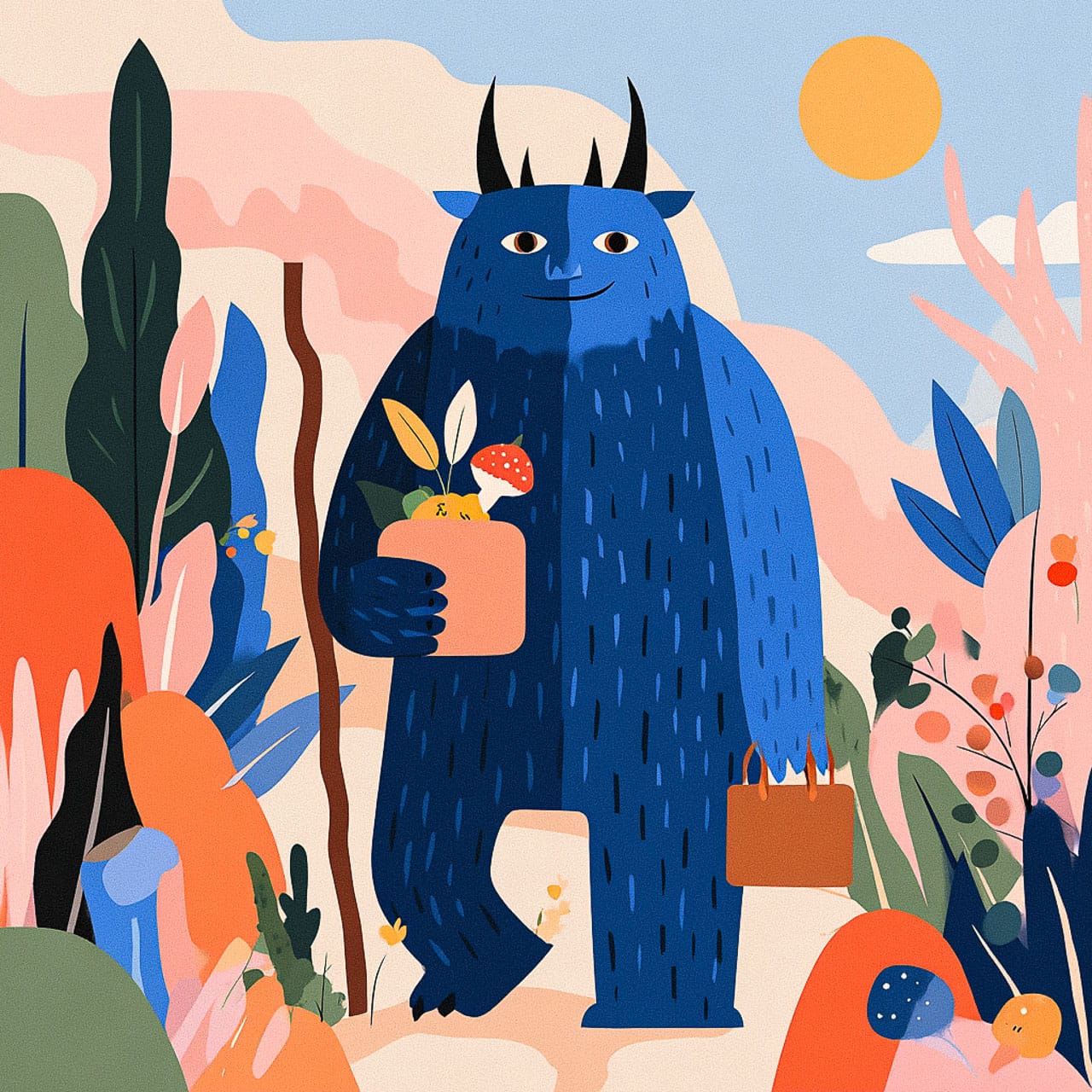 Fairytale troll holding a gift in a stylized book illustration with bold shapes and pastel colors