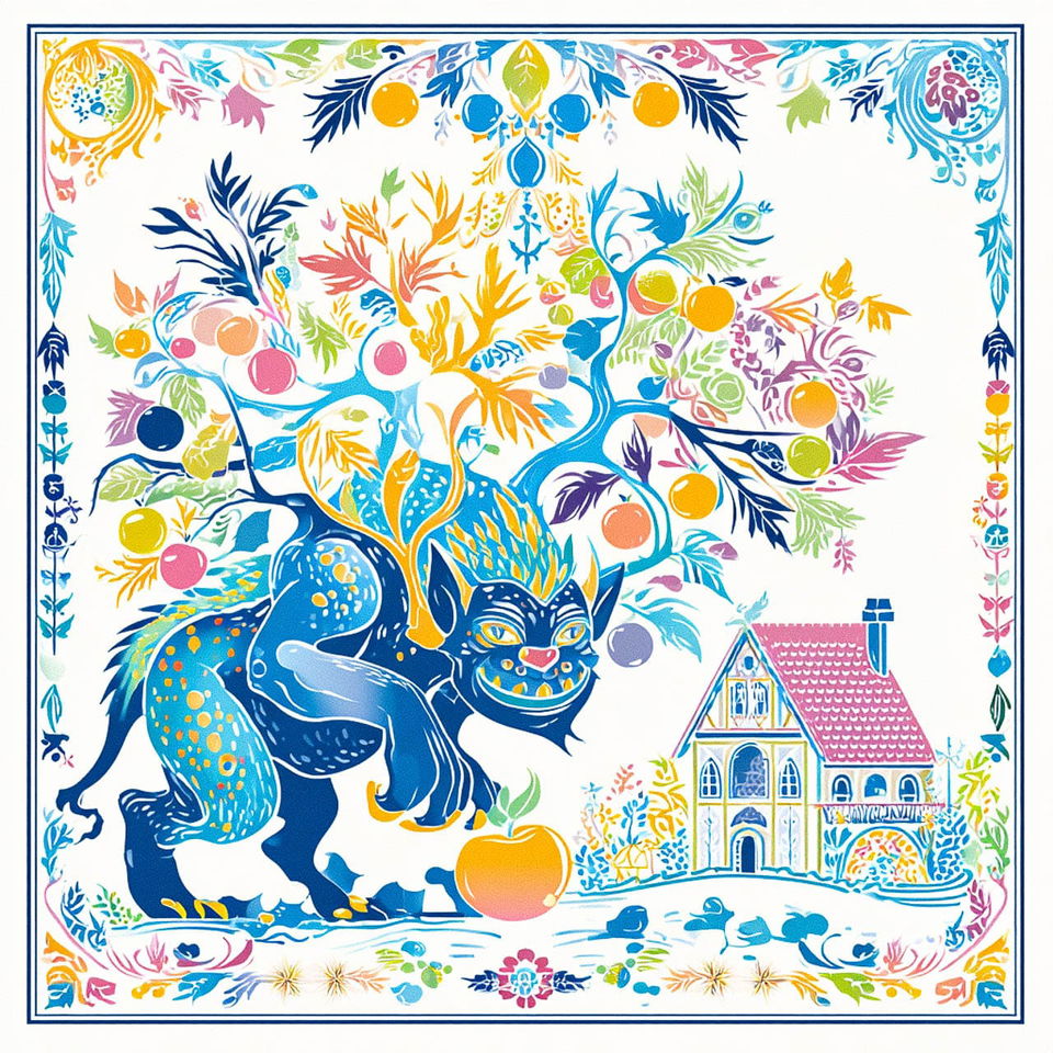 Fairytale troll beside a storybook cottage, colorful folk-art illustration with bright flat hues