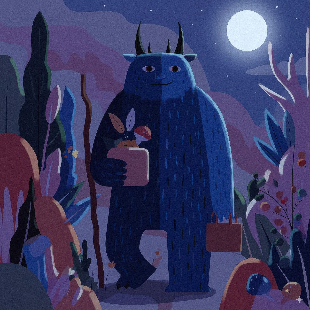 Blue horned creature holding a cup in a moonlit, dark blue stylized forest