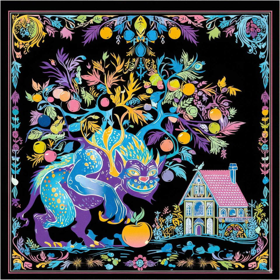 Vivid blue and purple cat beside a colorful cottage, framed by floral folk-art motifs on black