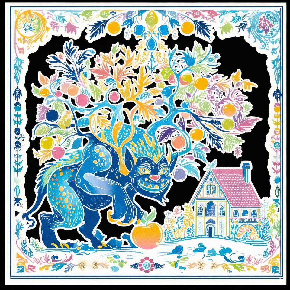 Blue dragon beside a colorful cottage, rendered as bright folk-art paper cutouts on black