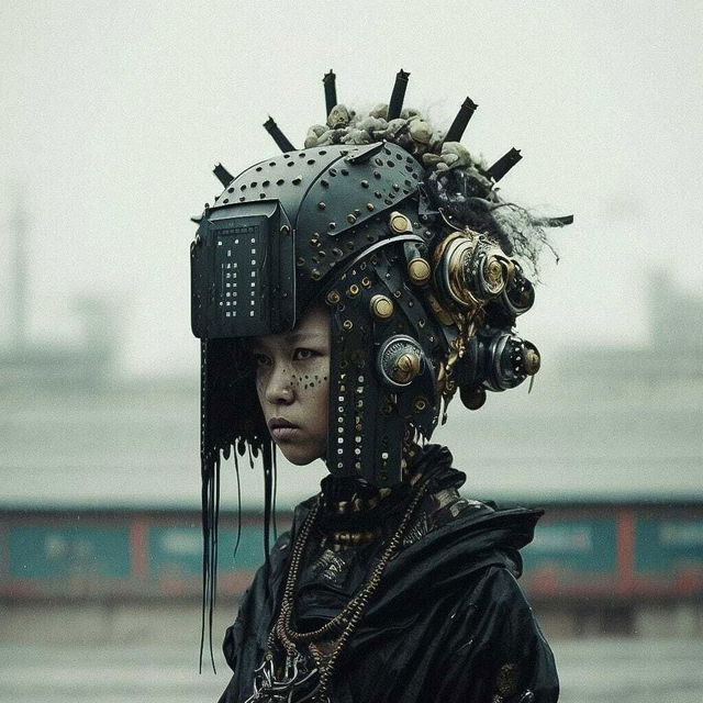 Midjourney prompt showcasing cyberpunk character with intricate helmet design in rainy megacity setting, emphasizing prompt engineering and artistic influences.