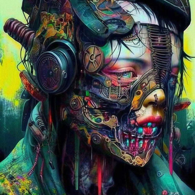 Cyberpunk character in Cyber Yakuza action manga style, showcasing Midjourney prompt engineering and vibrant colors.