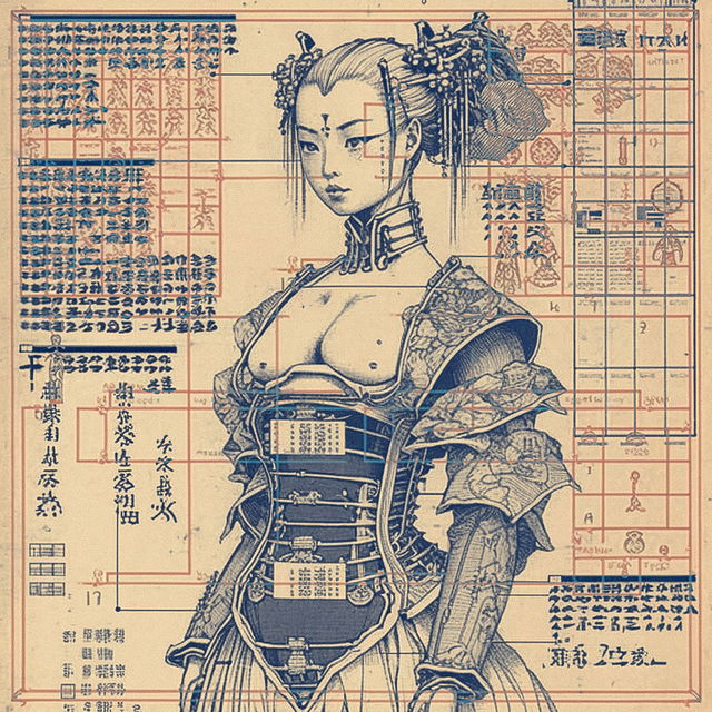 17th century cyberpunk character design, Midjourney prompt engineering, Albrecht Durer, Hokusai influences, version 4, stylize 1000.