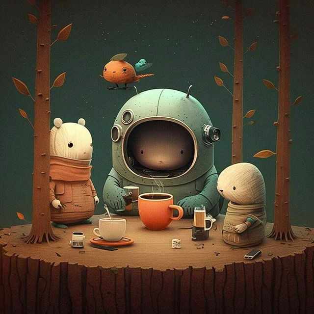 Midjourney prompt showcasing futuristic cyberpunk character having tea with forest friends, emphasizing prompt engineering and artistic influences.