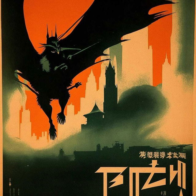 Nazgul over Tokyo, 1970s horror poster, Midjourney prompt showcasing artistic influences and styles.