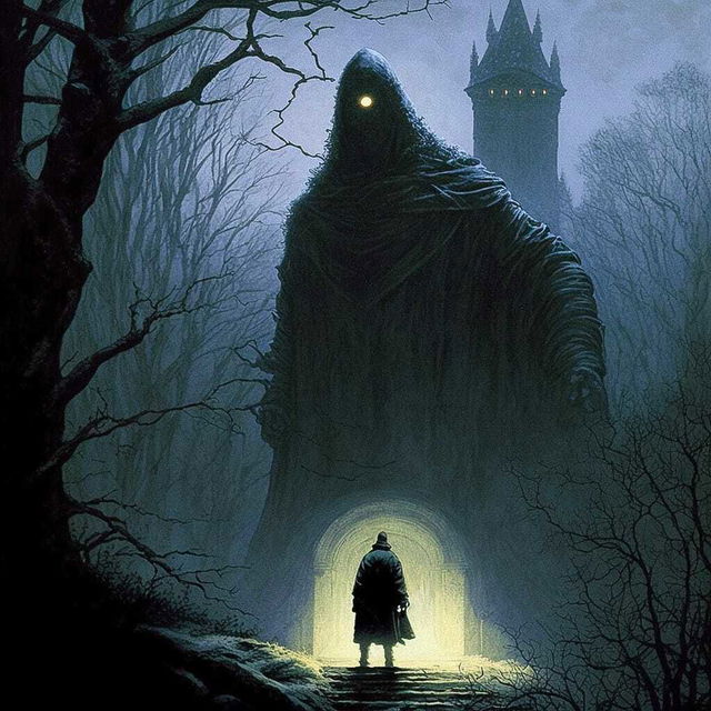 Midjourney prompt showcasing colossal Nazgul looming over stranger in moonlit gothic woods, reflecting unique themes and artistic influences.