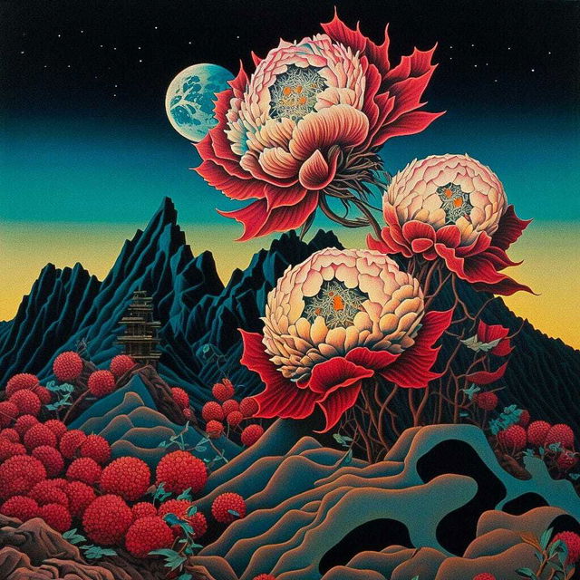 Decaying peonies on autumn mountains by Kazumasa Nagai, Kawanabe Kyosai, Midjourney prompt --stylize 1000 --v 4.