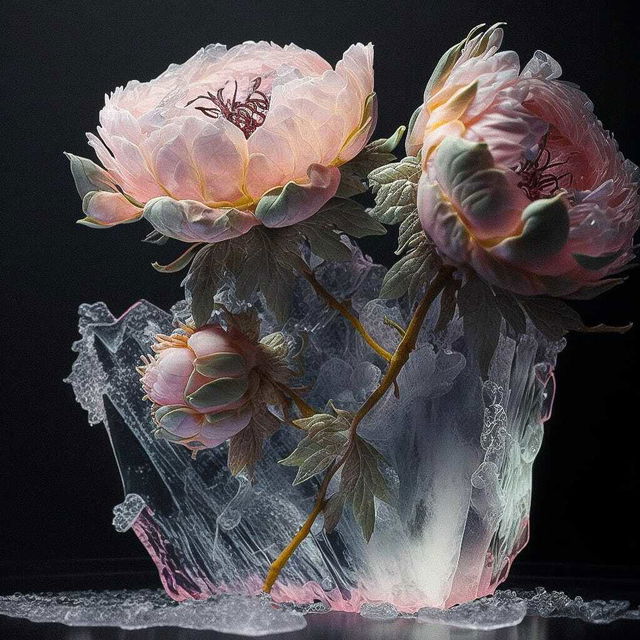 Midjourney prompt showcasing decaying peonies in ice art installation --v 4, emphasizing text-to-image generation techniques.