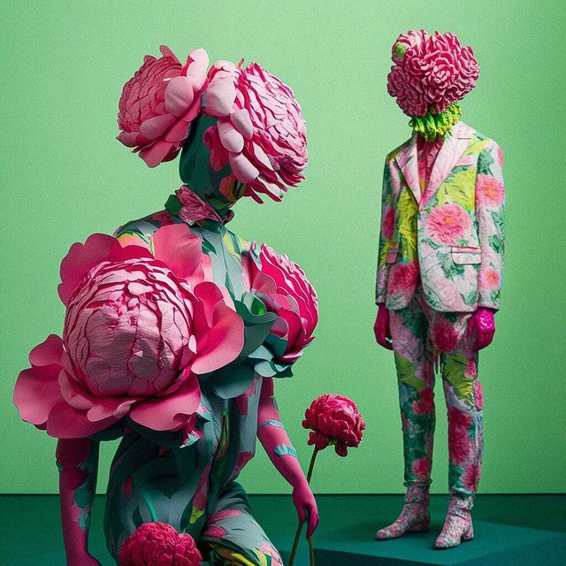 Midjourney prompt showcasing psychedelic glitch-art style with decaying peonies, floral fashion, and vibrant colors in AI-generated imagery.