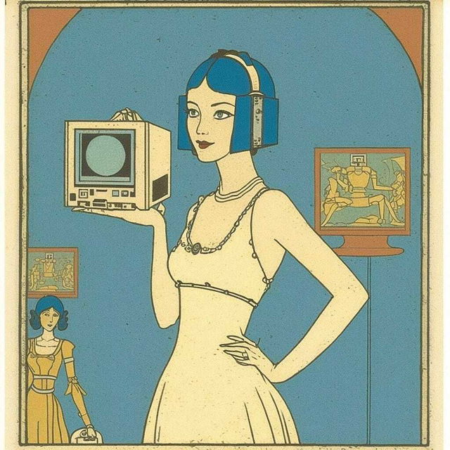 Midjourney prompt showcasing tech genius teenage girl with vintage monitor, reflecting artistic influences and styles.