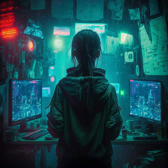 Midjourney prompt depicting futuristic dark web hacker tech genius teenage girl in cyberpunk hideout with neon lights.