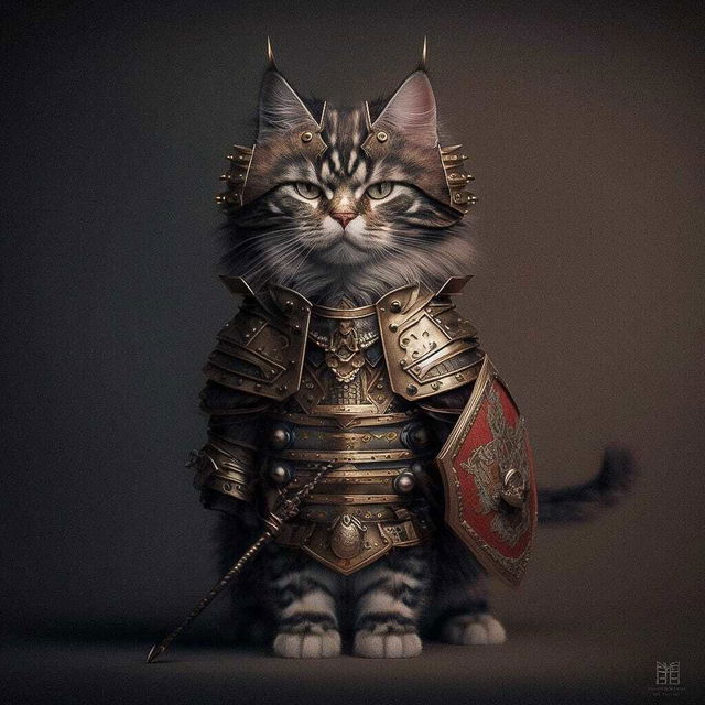 Mainecoon cat in samurai armor, showcasing Midjourney prompt engineering techniques, version 4, designed by Kris Kuksi.