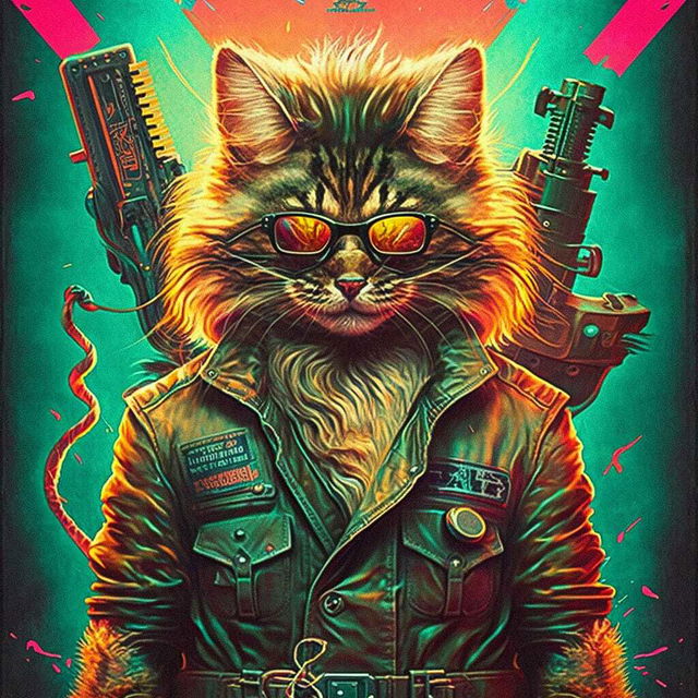 Mainecoon cat as hero in 80s action B-movie poster with guns, showcasing Midjourney prompt engineering.