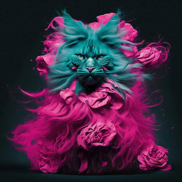 Mainecoon cat with vibrant colors and roses, showcasing Midjourney prompt engineering techniques.