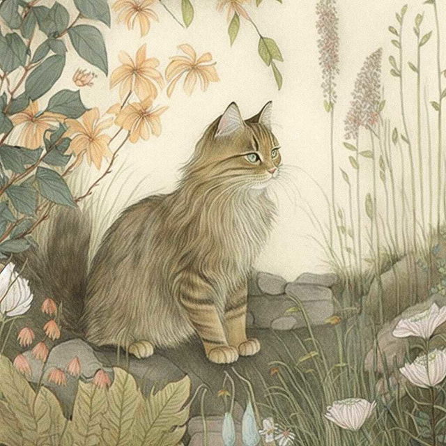 Mainecoon cat in floral setting, showcasing Midjourney prompt engineering techniques, version 4 features, artistic influences.