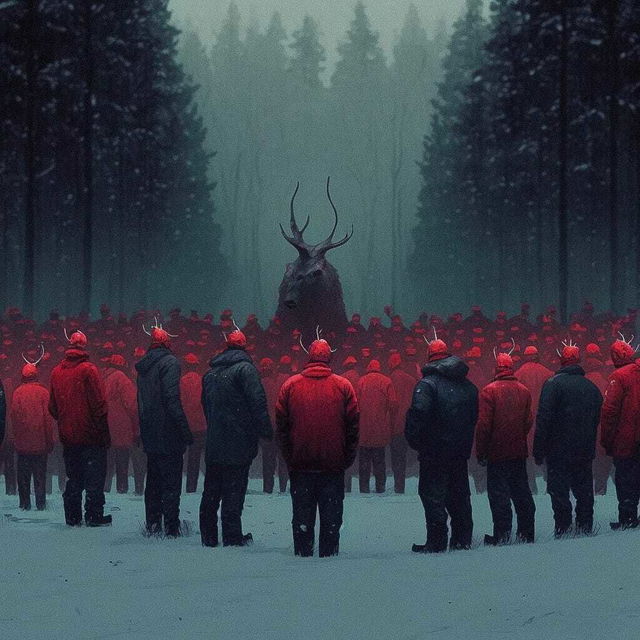 Midjourney prompt featuring cultists in dark woods with Chernobog, inspired by Jakub Rozalski and Simon Stalenhag --v 4.