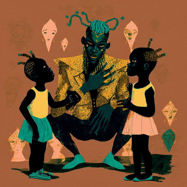 Midjourney prompt illustrating Chernobog educating children about cultism in Naive Art style, showcasing unique artistic influences and themes.