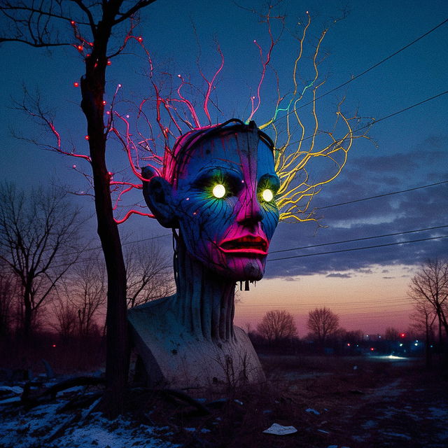 Chernobog sculpture with colorful lights, showcasing Midjourney prompt engineering and text-to-image capabilities.