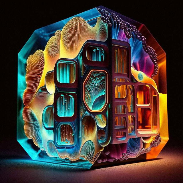 Microscopic image of Bioarchitecture, vibrant colors, showcasing Midjourney prompt engineering techniques, version 4.