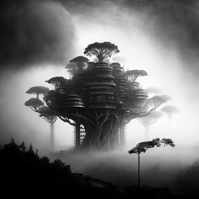 Midjourney prompt showcasing bioarchitecture with colossal arcology tree megastructure in misty rainforest --stylize 1000 --v 4