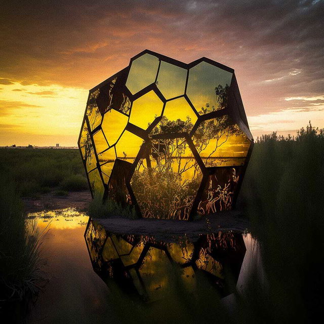 Midjourney prompt bioarchitecture installation reflecting ecological themes in sunset landscape, showcasing artistic influences and text-to-image generation techniques.