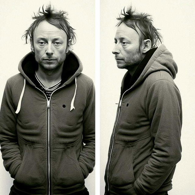 Thom Yorke in Gopnik fashion style, photographed by Terry Richardson, showcasing Midjourney prompt engineering techniques.