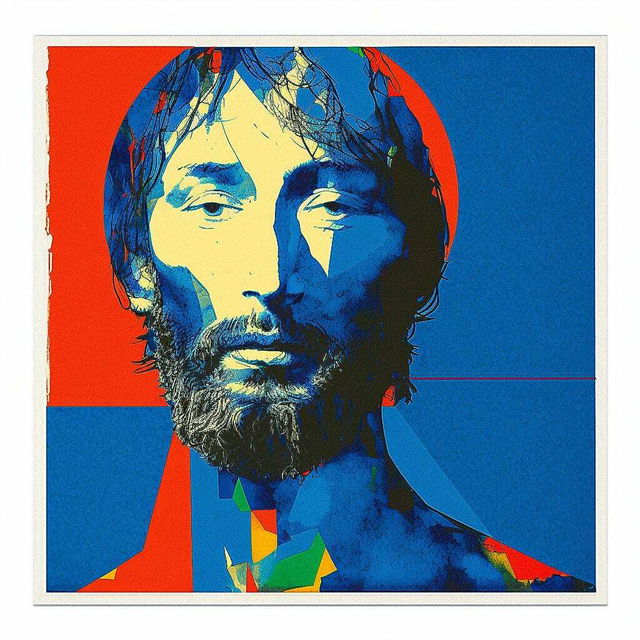 Midjourney prompt for Thom Yorke album cover design, showcasing vibrant colors and abstract features, version 4.