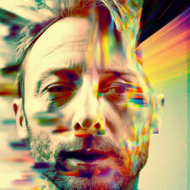 Midjourney prompt depicting Thom Yorke as Supreme Psychedelic Glitch God, showcasing text-to-image generation techniques and artistic influences.